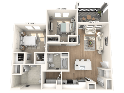 Floor plan for 2 beds, 2 baths, 1129 sqft